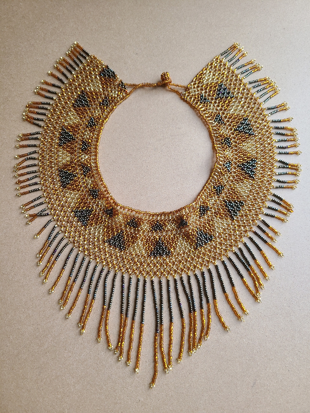 Handmade Gold and Black Beaded Fringe Statement Necklace